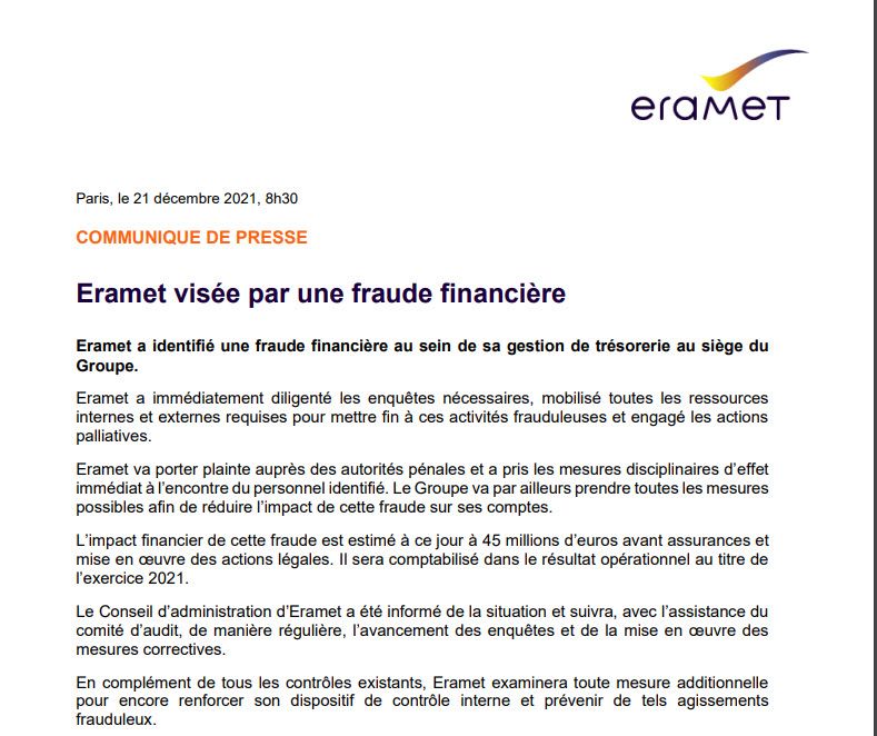 Eramet victime d'une fraude financière de près de 5 milliards de francs